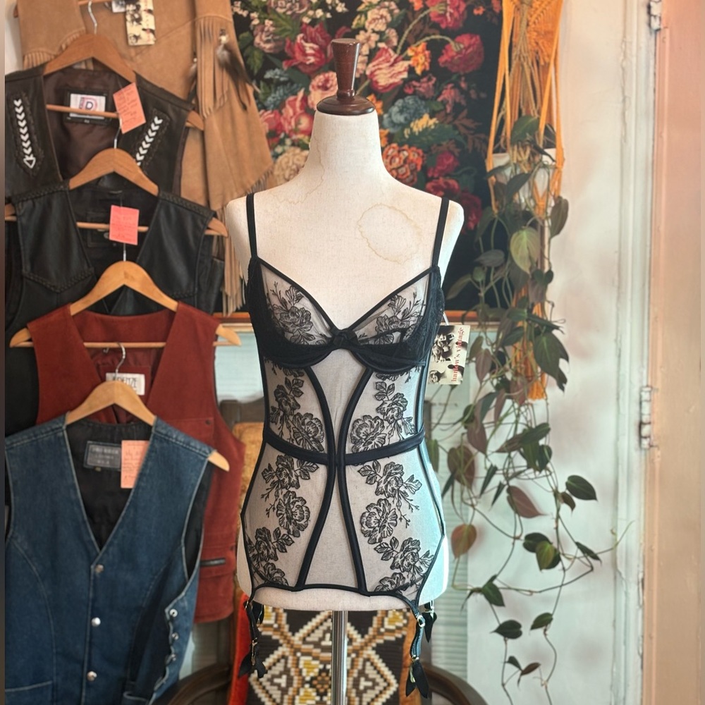 Agent Provocateur black floral embroidered mesh  caged bustier